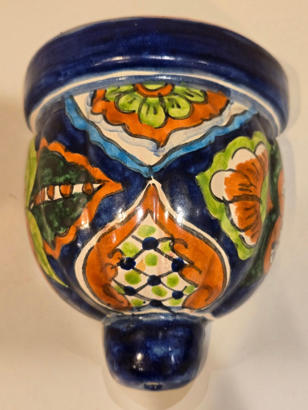 Vintage Mexican Hand-Painted Talavera Signed Blue Floral Ceramic Wall Planter